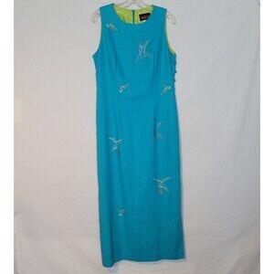 Vintage Virgo II Womens 12 Embroidered Linen Blend Blue Maxi Dress Spring Preppy